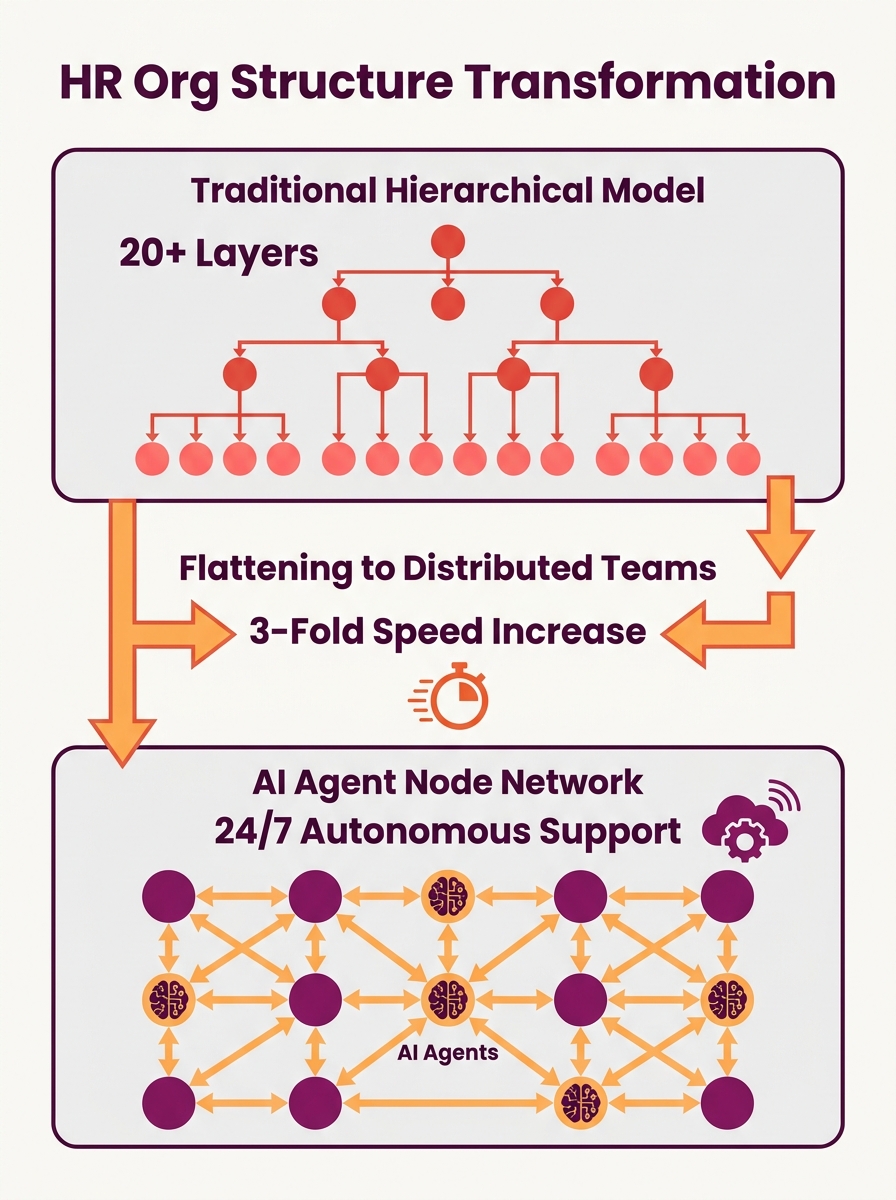 HR organizational chart showing traditional hierarchical structure transforming into flatter, distributed team model with AI agent nodes