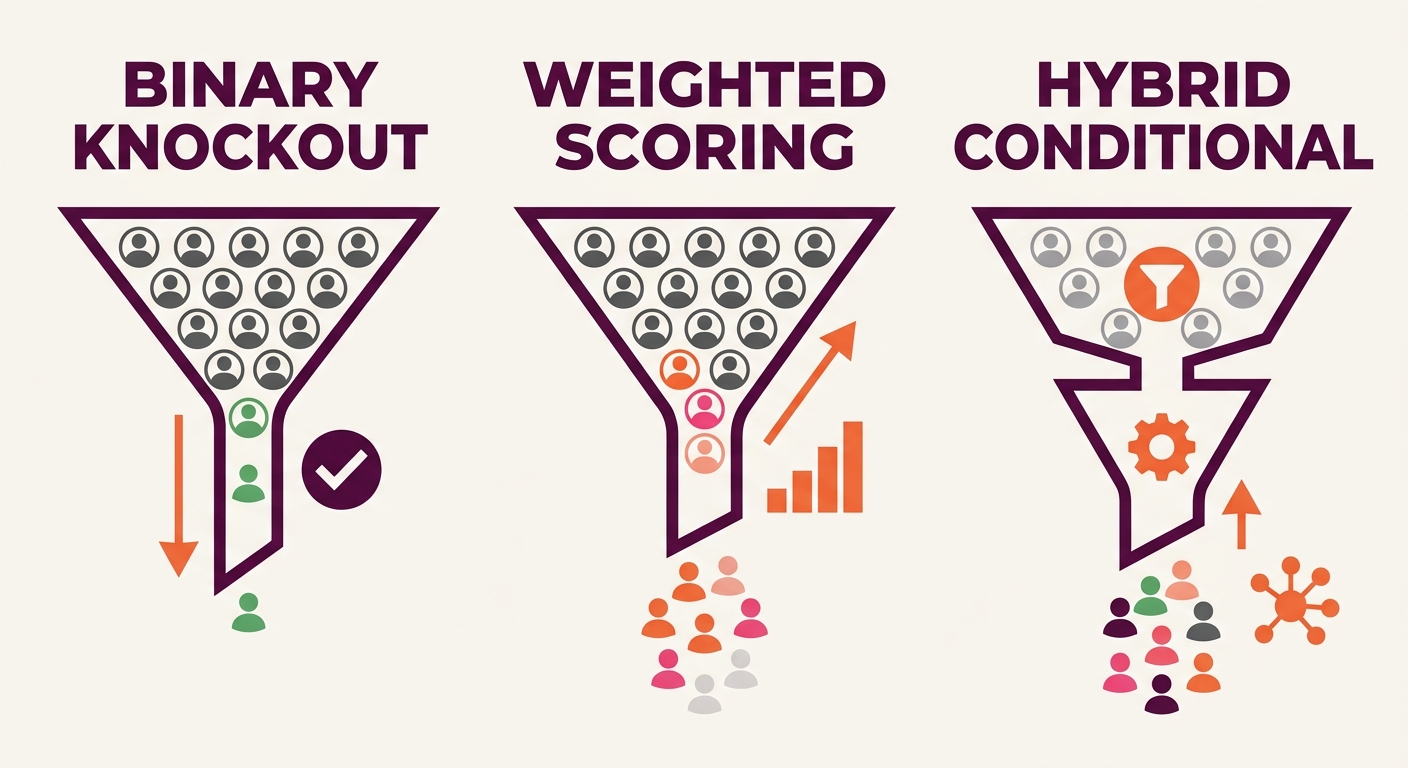 A comparison diagram showing three ATS filtering models side by side with visual indicators of candidate flow through each model, using funnel shapes with different widths to show how many candidates