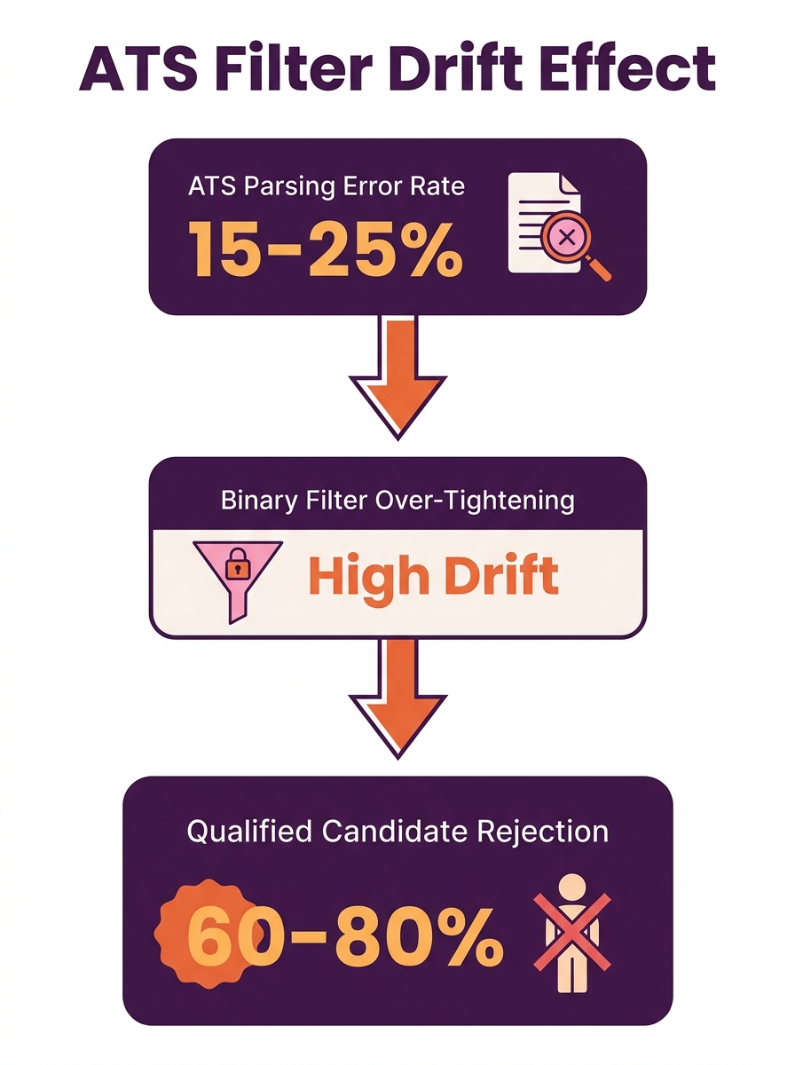 An infographic showing the compound effect of ATS filter drift, with a flow diagram depicting how a 15-25% parsing error rate combined with over-tightened binary filters leads to increasing qualified