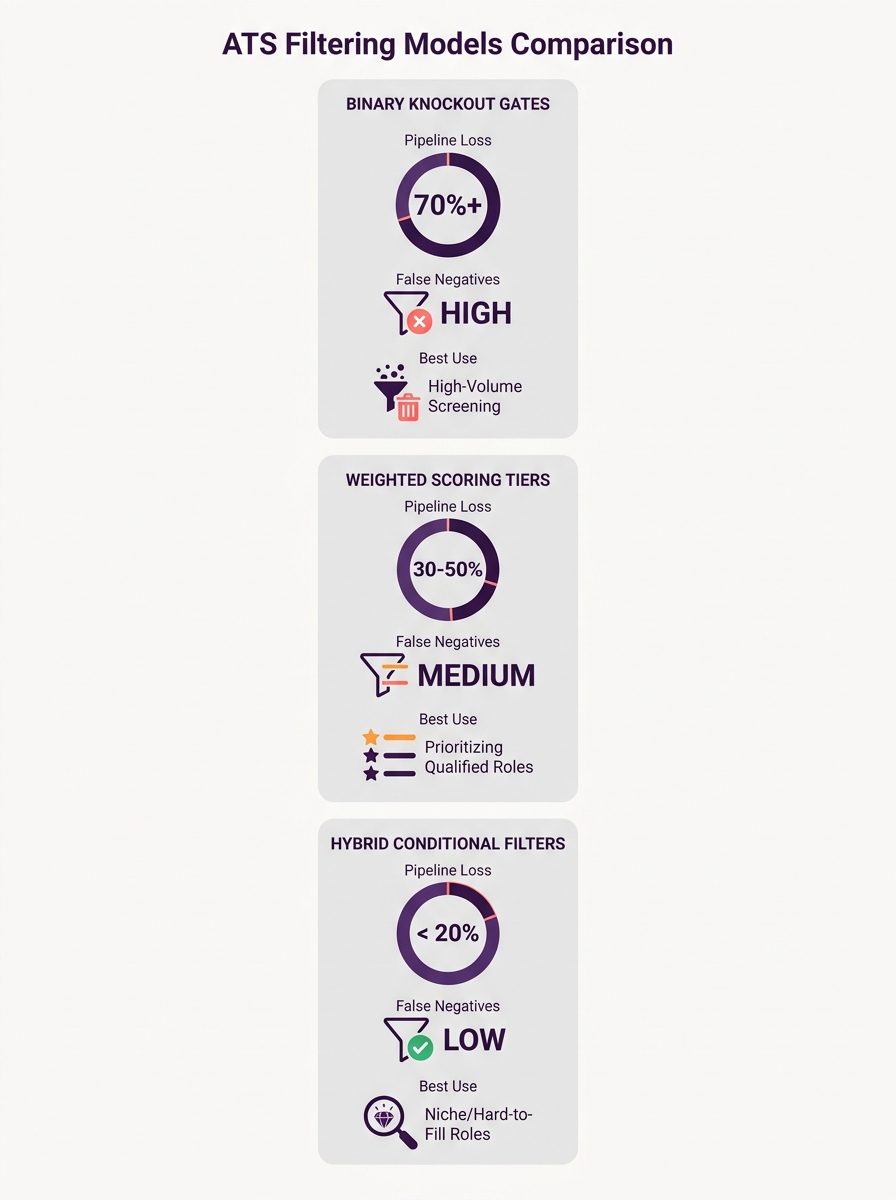 Infographic comparing three ATS filtering models side by side - binary knockout gates, weighted scoring tiers, and hybrid conditional filters - with pipeline loss percentages, false negative rates, an
