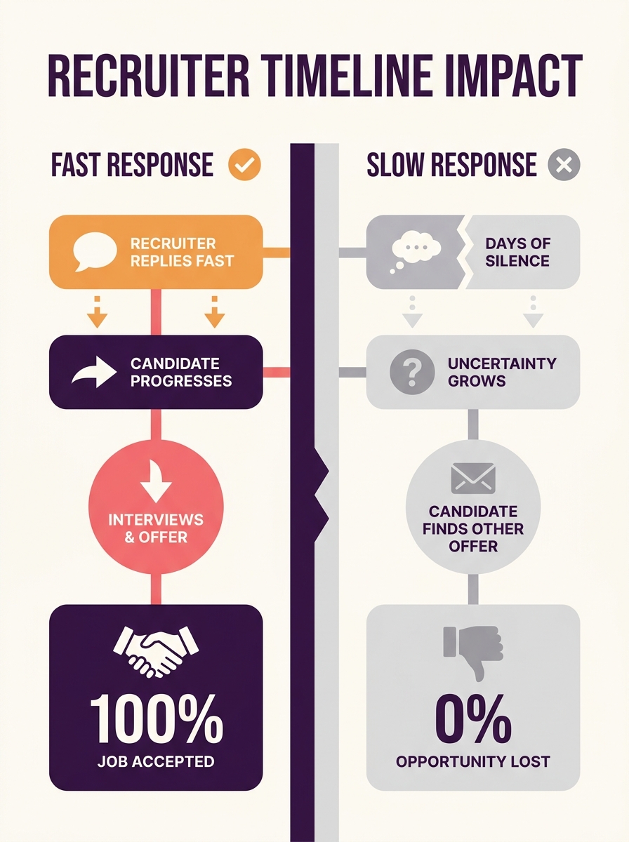 Split illustration showing two timelines side by side — one where a recruiter responds quickly and the candidate progresses, another where silence stretches across days and the candidate accepts a dif
