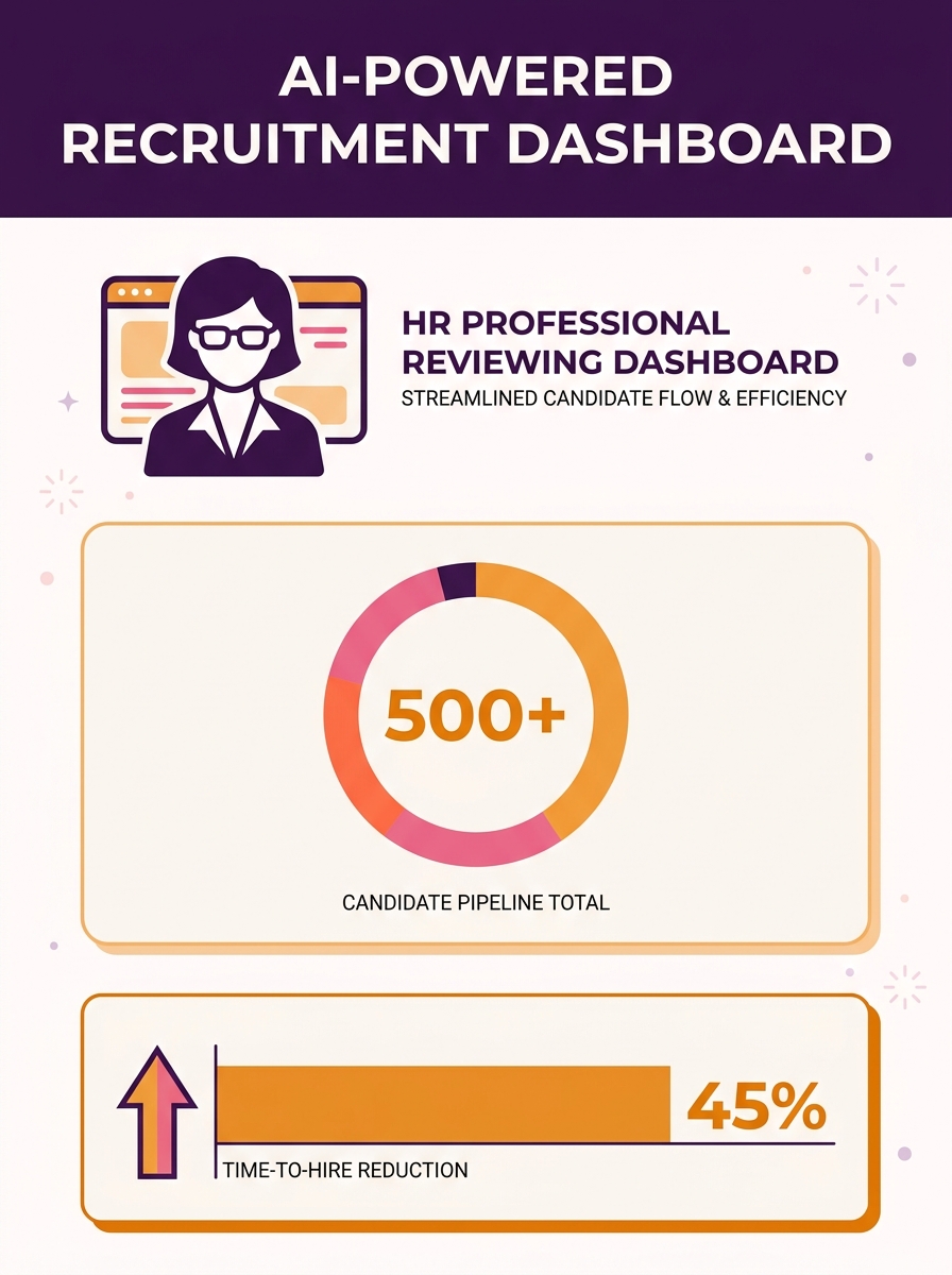 HR professional reviewing AI-powered recruitment dashboard showing candidate pipeline and efficiency metrics