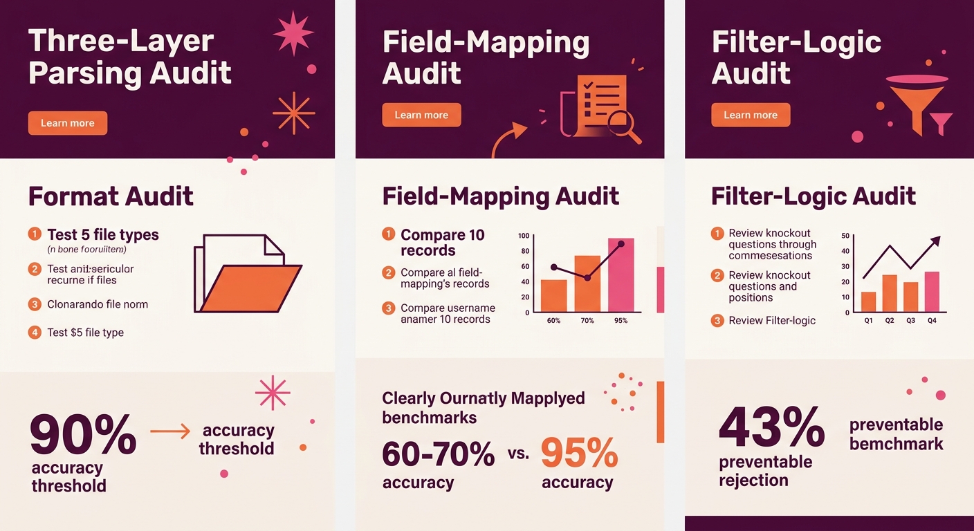 Infographic titled Three-Layer Parsing Audit showing three columns: Format Audit with steps for testing 5 file types and a 90% accuracy threshold, Field-Mapping Audit with steps for comparing 10 recor