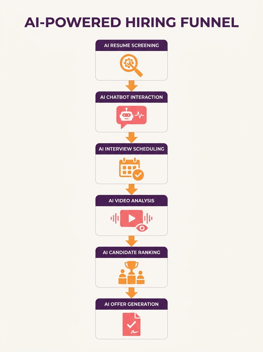 A flowchart showing a typical hiring funnel with AI touchpoints labeled at each stage: resume screening, chatbot interaction, interview scheduling, video interview analysis, candidate ranking, and off