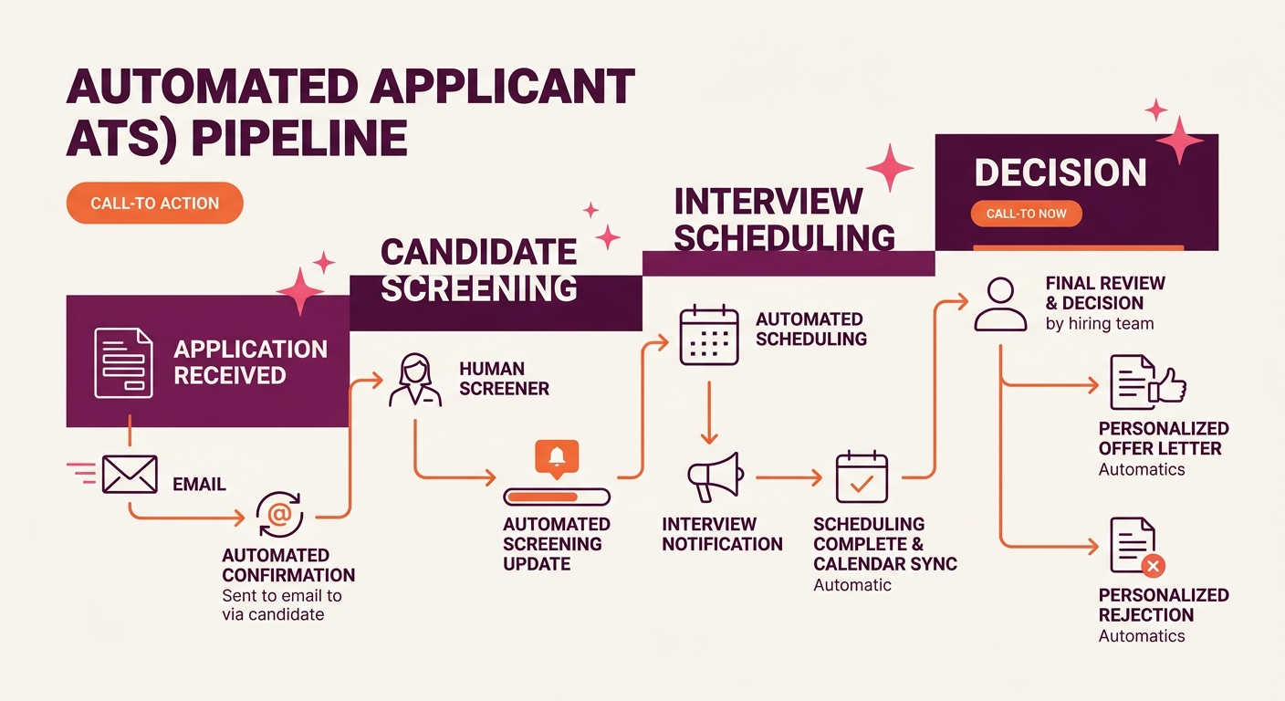 A workflow diagram showing an ATS pipeline with automated communication touchpoints at each stage including application received confirmation, screening status update, interview scheduling notificatio
