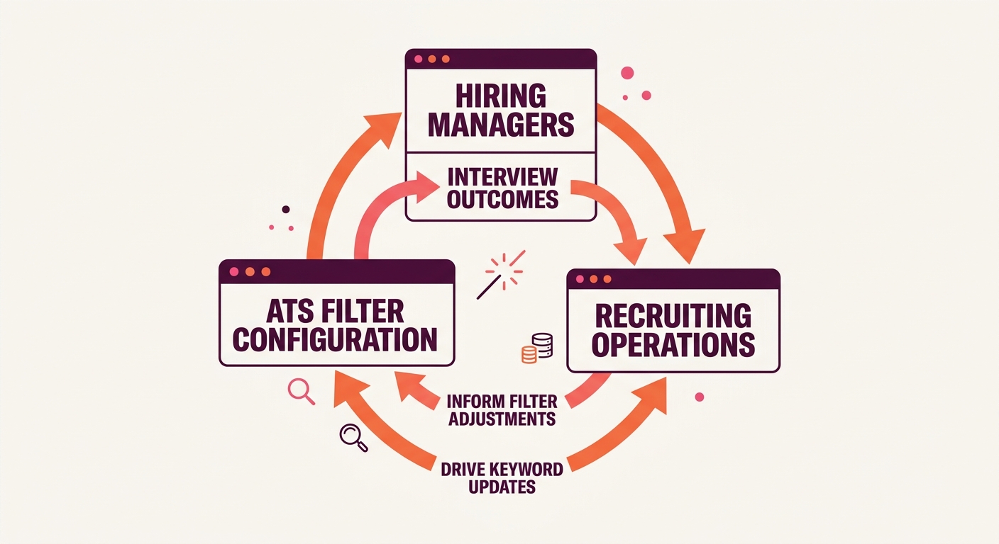 A circular workflow diagram showing the feedback loop between hiring managers, recruiting operations, and ATS filter configuration, with arrows indicating how interview outcomes inform filter adjustme