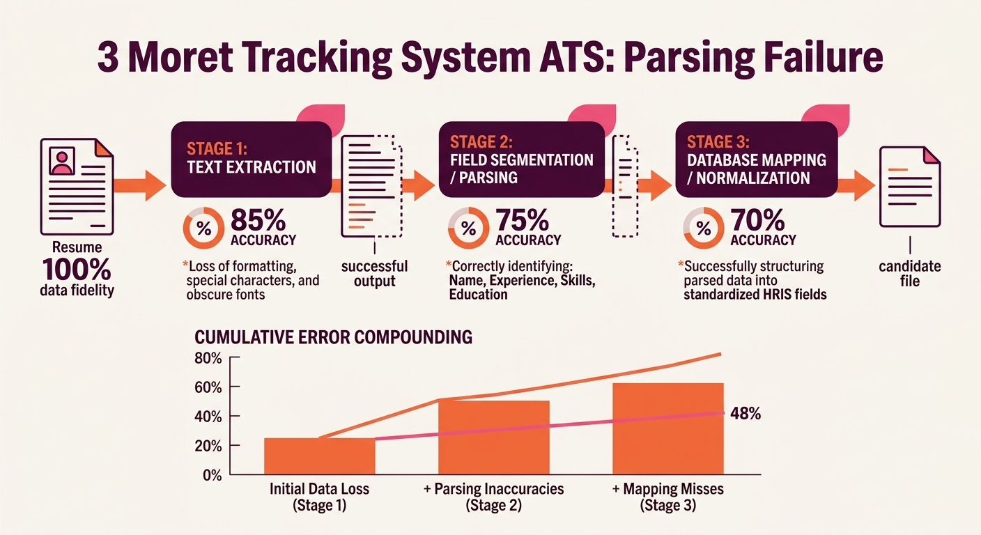 Diagram showing three layers of ATS parsing failure — text extraction at 85% accuracy, field segmentation at 75%, and database mapping at 70% — with cumulative error compounding illustrated at each st