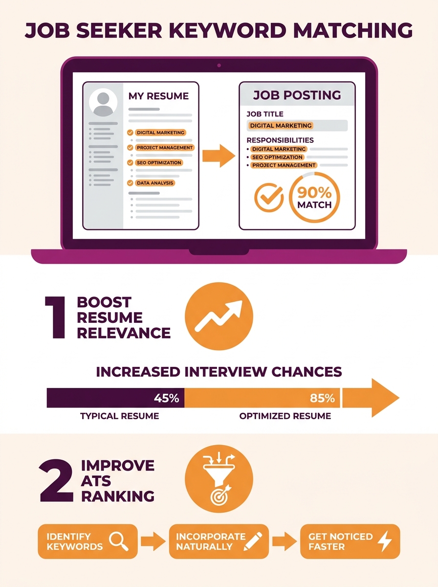 Job seeker reviewing resume keywords on laptop screen next to job posting