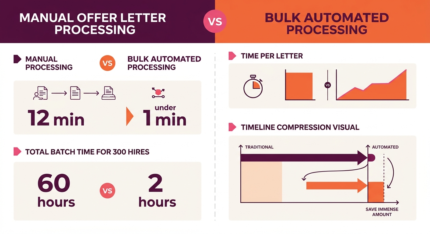 Infographic comparing manual offer letter processing vs. bulk automated processing — showing time per letter (12 min vs. under 1 min), total batch time for 300 hires (60 hours vs. 2 hours), and a time