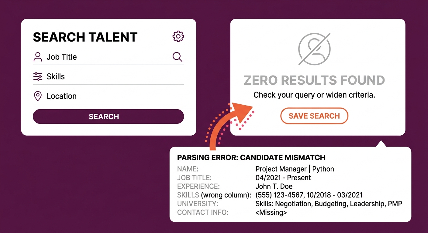 a recruiter's screen showing a search query returning zero results, with a callout showing the same candidate's record with garbled parsed fields — skills in the wrong column, dates misread, contact i