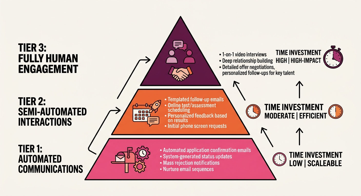 a three-tier pyramid diagram showing recruiter touchpoint strategy with Tier 1 automated communications at the base, Tier 2 semi-automated in the middle, and Tier 3 fully human at the top, with exampl