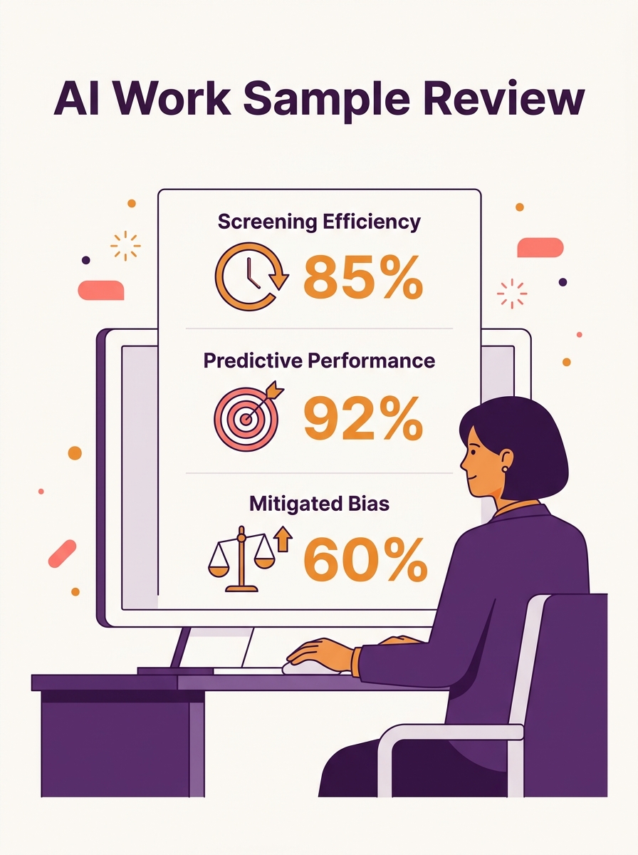 hiring manager reviewing candidate AI work samples at desk with transparent evaluation criteria displayed on screen