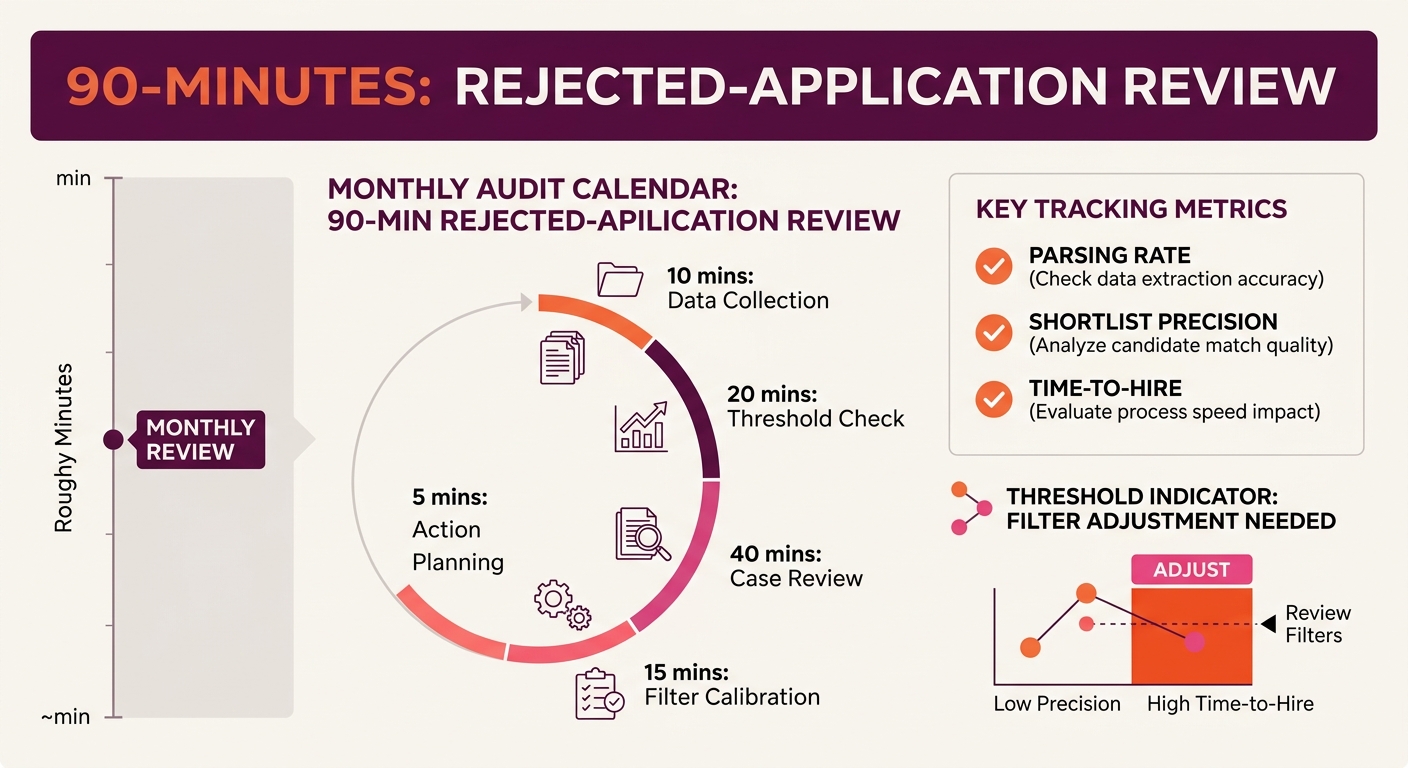 a monthly audit calendar showing the 90-minute rejected-application review process, with a checklist of the three tracking metrics — parsing rate, shortlist precision, and time-to-hire — and a thresho