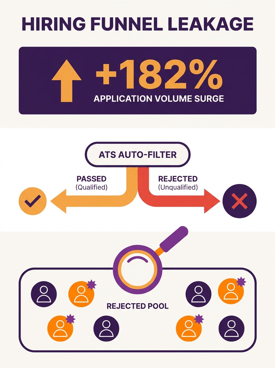 Infographic showing a hiring funnel diagram with application volume at top labeled 182% increase, an ATS auto-filter stage in the middle showing split between passed and rejected candidates, and a mag