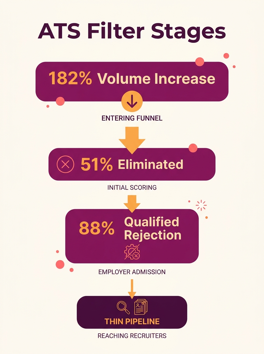 infographic showing the flow of applications through ATS filter stages with percentages at each step: 182% volume increase entering the funnel, 51% eliminated at initial scoring, 88% employer admissio