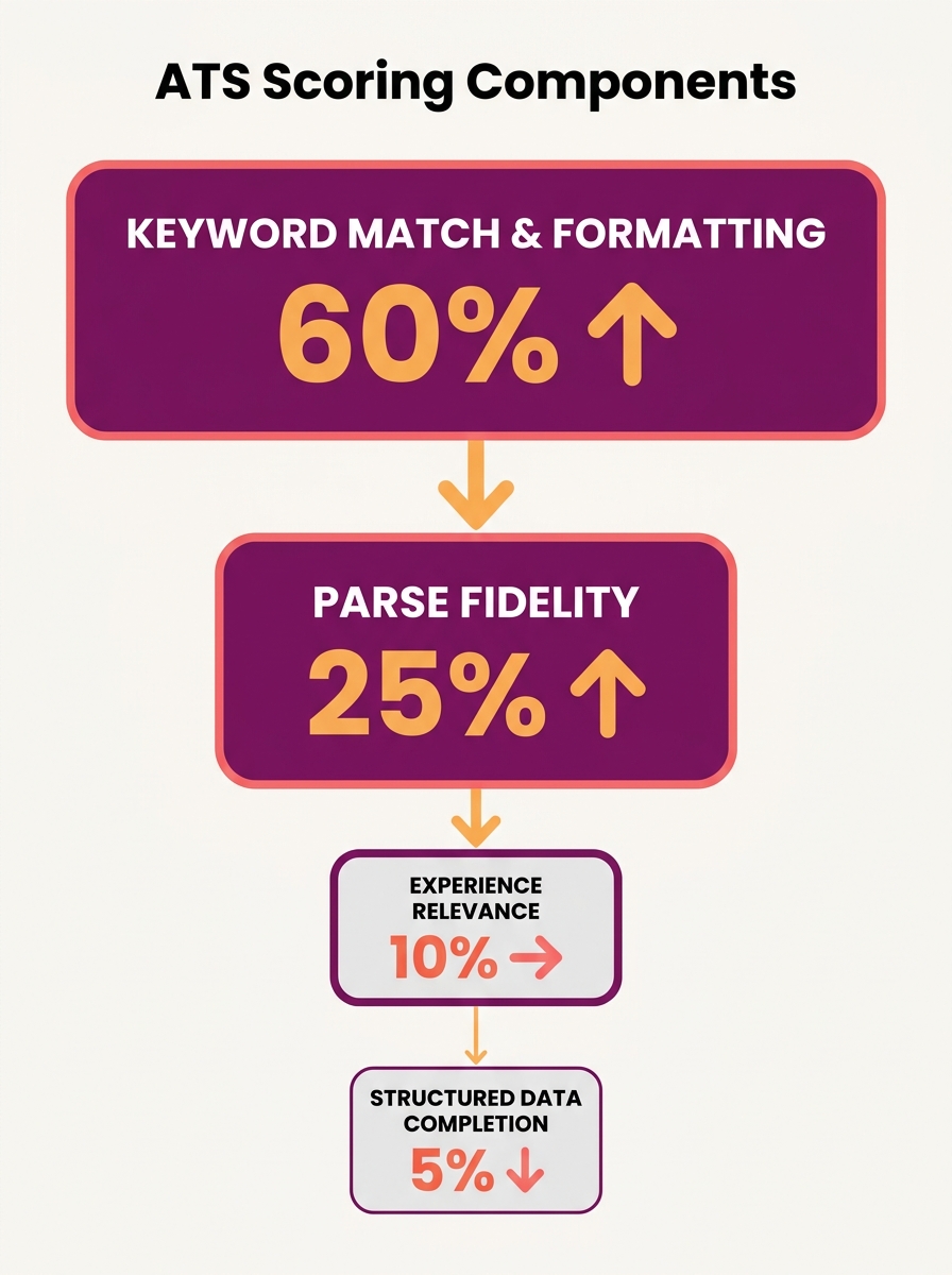 Infographic showing the four ATS scoring components — keyword match, parse fidelity, experience relevance, and structured data completion — with visual weight indicators showing how formatting and key