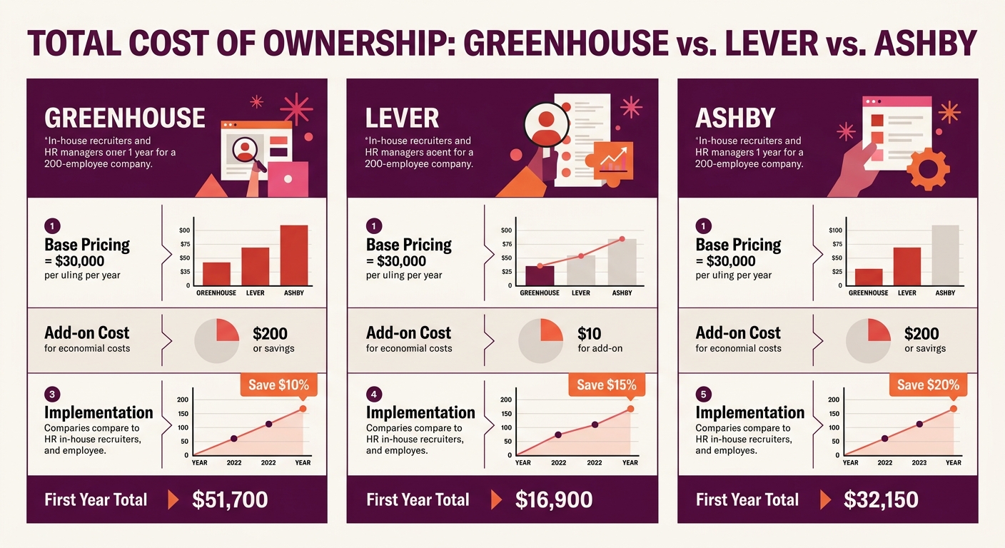 infographic comparing total cost of ownership for Greenhouse, Lever, and Ashby across a 200-employee company, showing base price, add-on costs, implementation costs, and first-year total