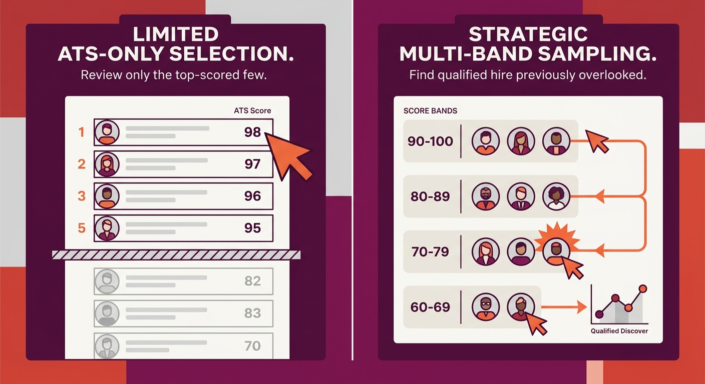 A split-screen comparison showing a recruiter's workflow — on one side, a recruiter reviewing only top-5 ATS-scored candidates in descending order; on the other side, a recruiter sampling candidates f