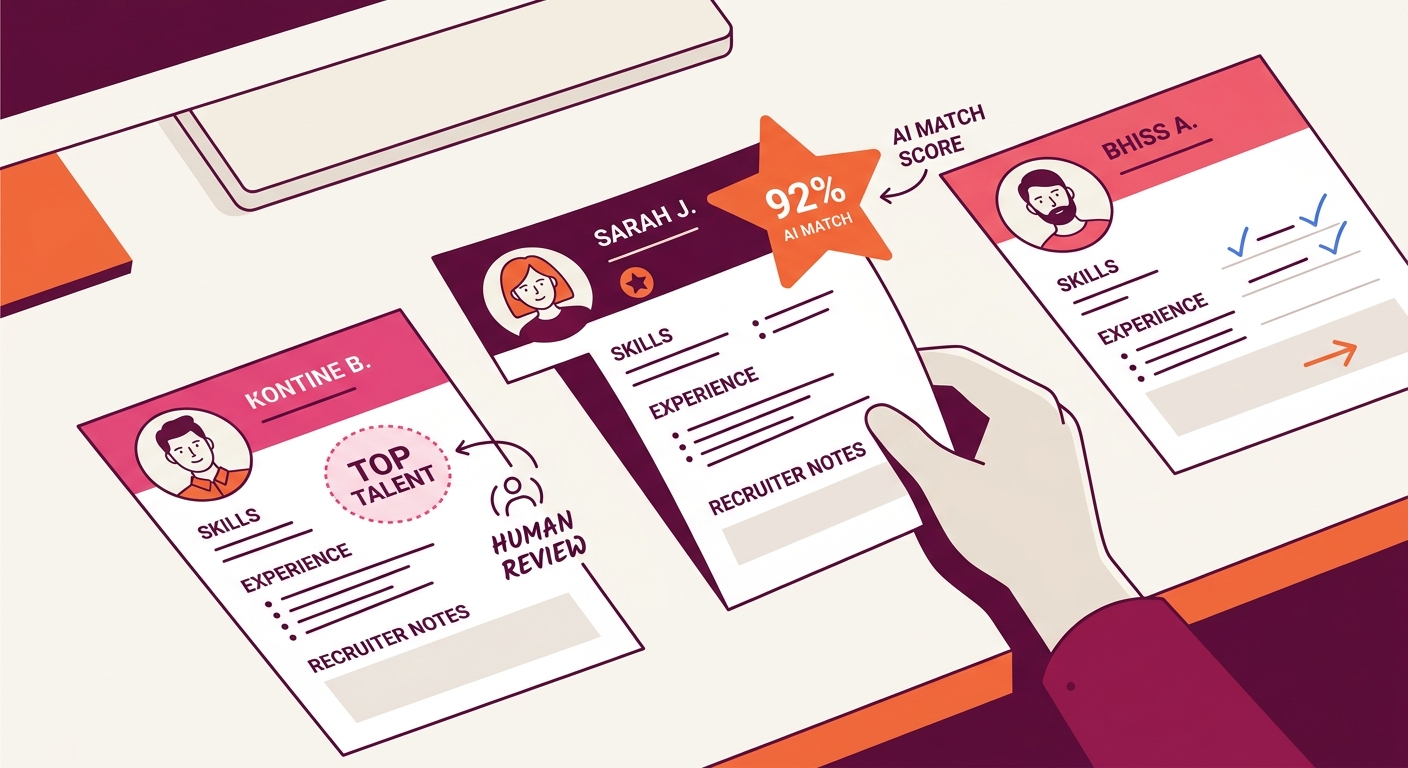 A diverse group of candidate profile cards spread across a recruiter's desk, some highlighted with AI match scores, others with handwritten notes from human review, showing the hybrid evaluation proce
