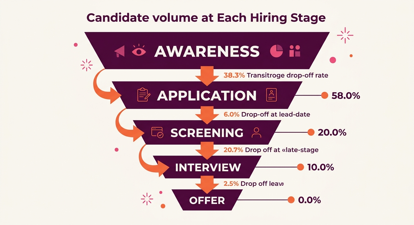 a funnel diagram showing candidate volume at each hiring stage (awareness, application, screening, interview, offer) with percentage drop-off rates at each transition, highlighting the largest drops a