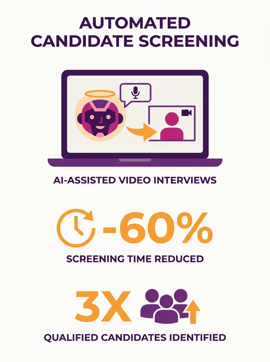 AI-generated avatar conducting a video interview on a laptop screen, representing automated candidate screening