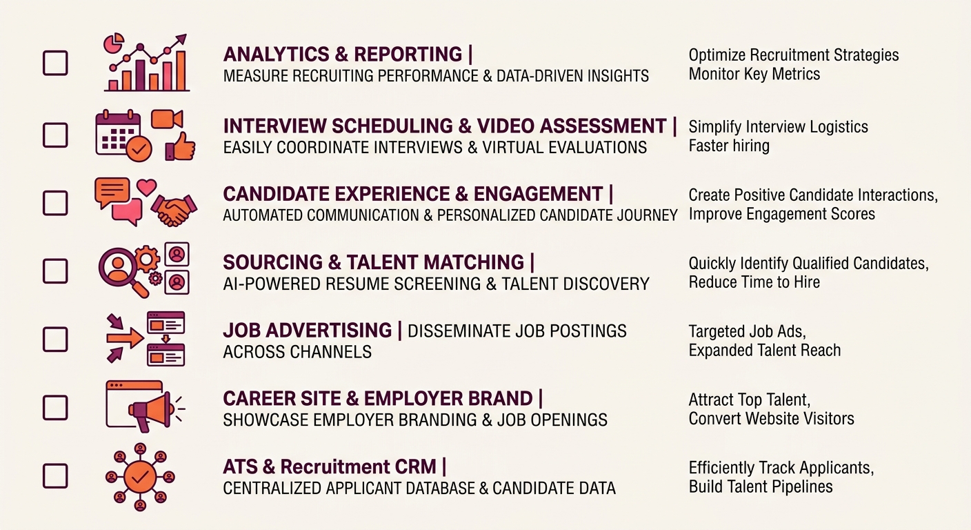 A checklist-style visual showing the seven layers of a 2026 recruitment marketing tech stack with checkboxes next to each layer and icons representing their function, arranged vertically from foundati