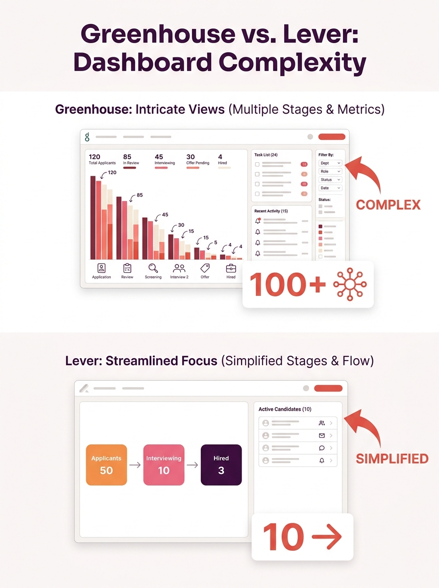 side-by-side comparison of Greenhouse and Lever dashboard interfaces showing pipeline views, with annotations highlighting complexity differences