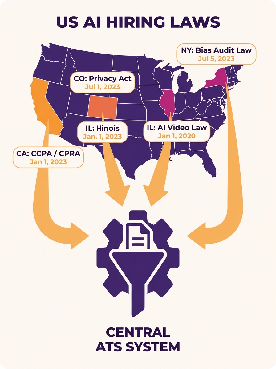 an infographic showing a US map with four highlighted states (California, Colorado, Illinois, New York) each labeled with their specific AI hiring law name and effective date, with arrows pointing to