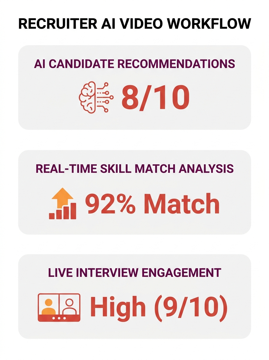 Recruiter analyzing AI-generated candidate recommendations on laptop screen while conducting video interview