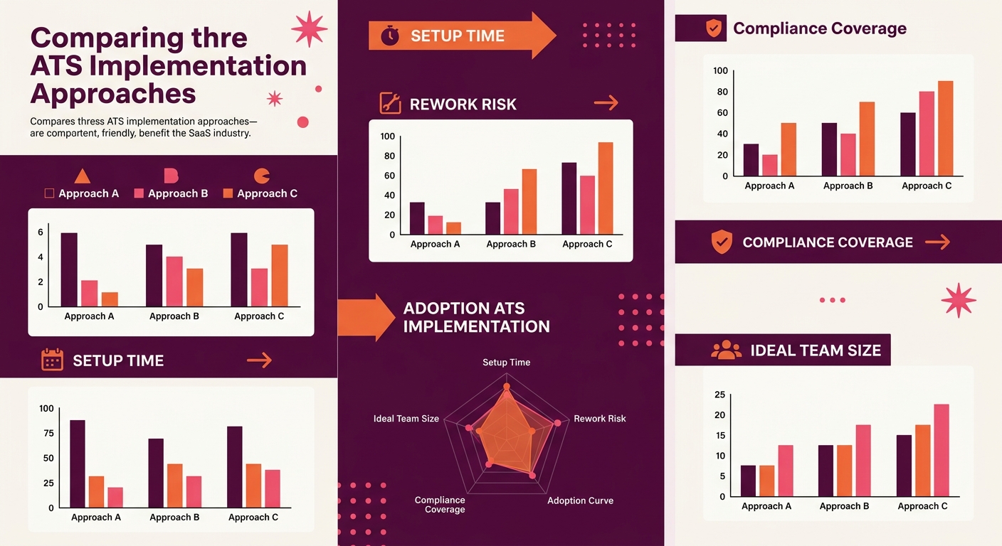an infographic comparing three ATS implementation approaches across five metrics—setup time, rework risk, adoption curve, compliance coverage, and ideal team size—using bar charts or radar diagrams wi