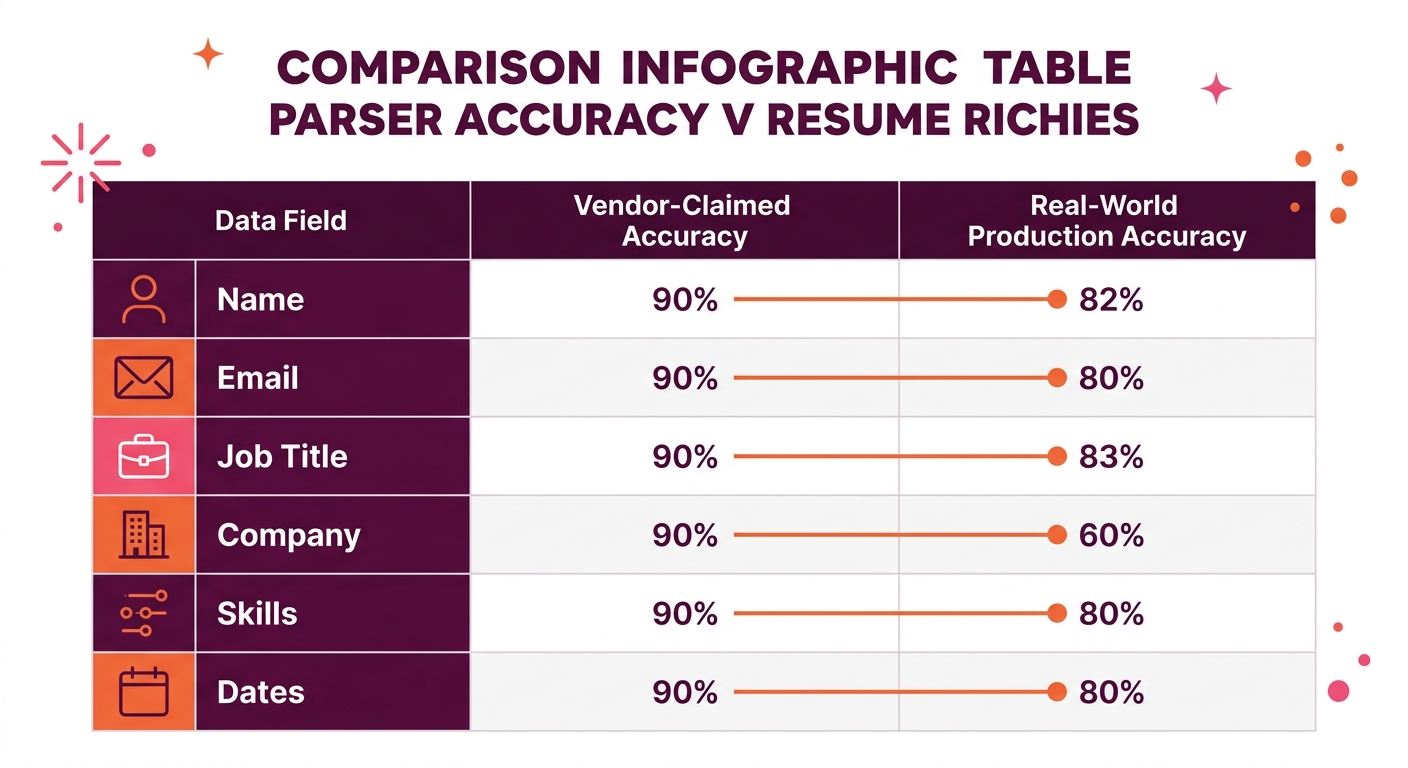 a comparison table showing parser accuracy benchmarks versus real-world performance with rows for name, email, job title, company, skills, and dates, comparing vendor-claimed accuracy to production ac