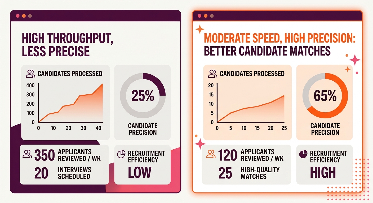 A side-by-side comparison of two recruiter dashboards, one showing high throughput speed with low precision at 25 percent, and one showing moderate speed with high precision at 65 percent, with the hi