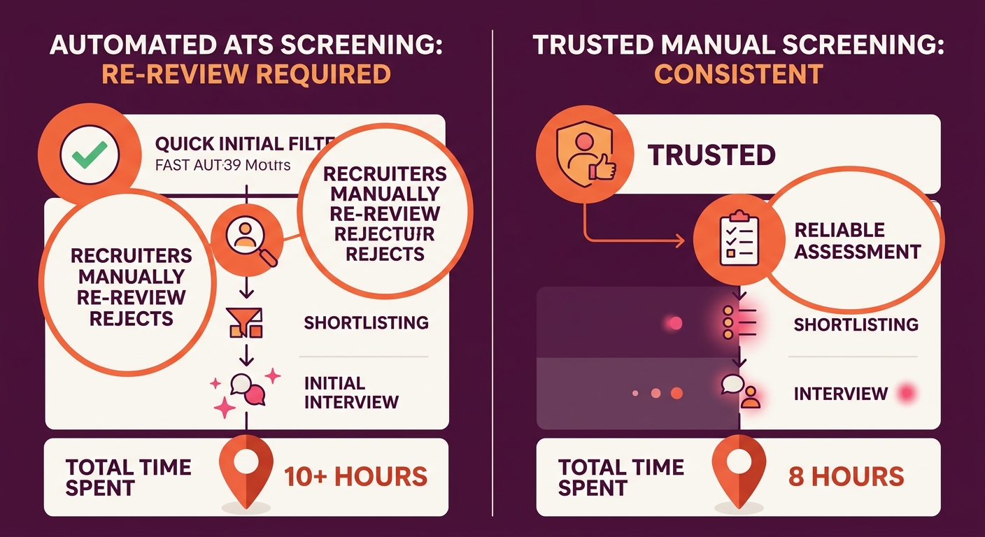 side-by-side comparison diagram showing two recruiter workflows — one where ATS auto-screens and recruiters still manually re-review rejected candidates, versus one where screening is slower but trust