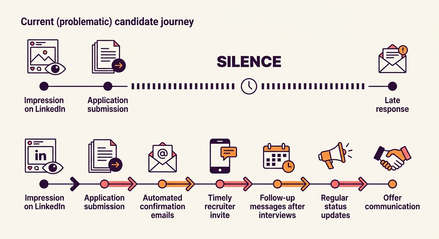 a timeline illustration showing a candidate's journey from LinkedIn impression through application submission, followed by a long empty gap labeled "silence," then a late response, contrasted with an
