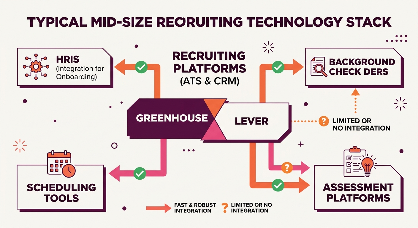 flowchart showing a typical mid-size recruiting tech stack with HRIS, ATS, CRM, scheduling, background check, and assessment tools, with arrows indicating integration quality between Greenhouse/Lever