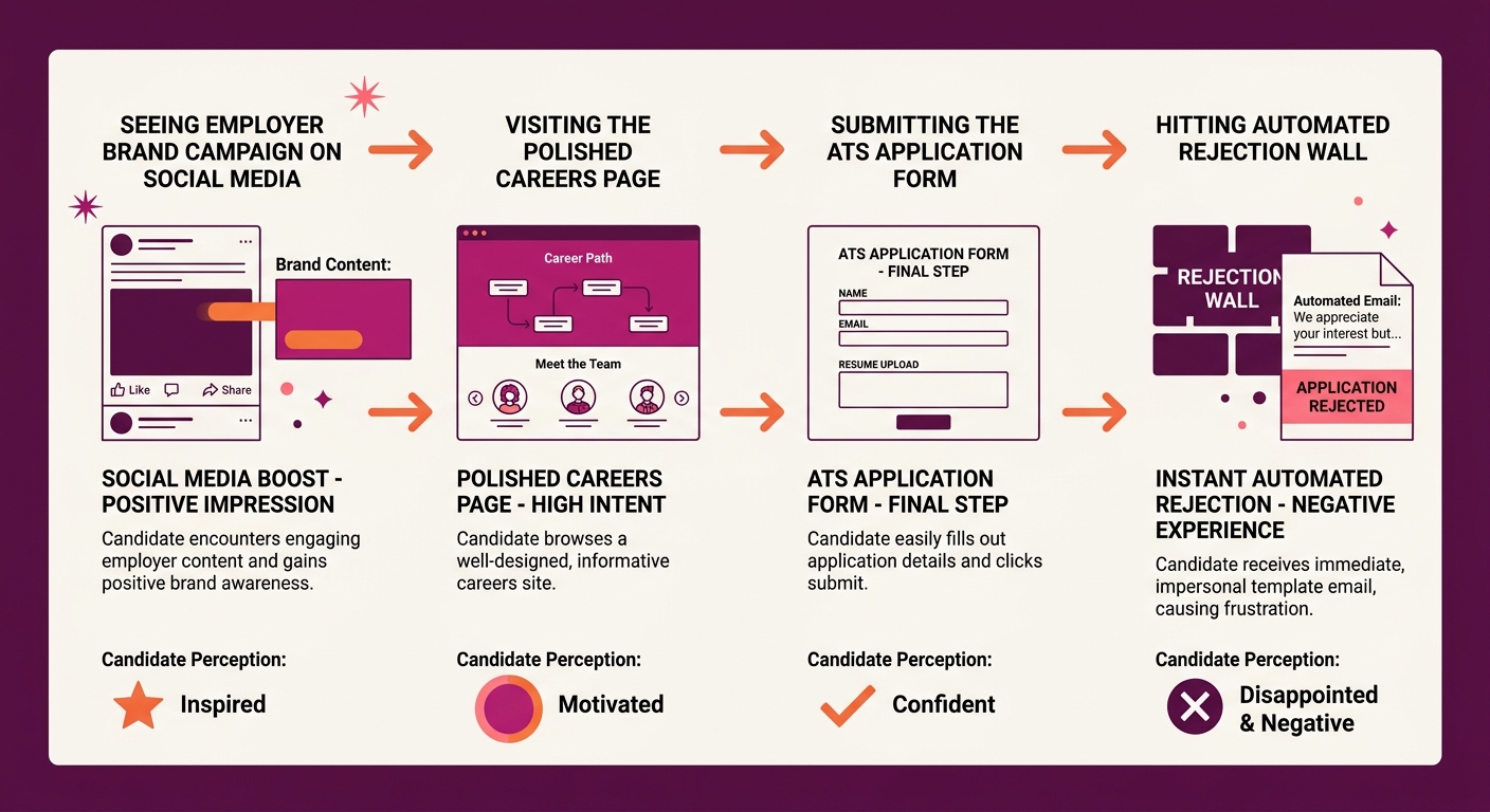 A workflow diagram showing a candidate's path from seeing an employer brand campaign on social media, through a polished careers page, into an ATS application form, then hitting an automated rejection