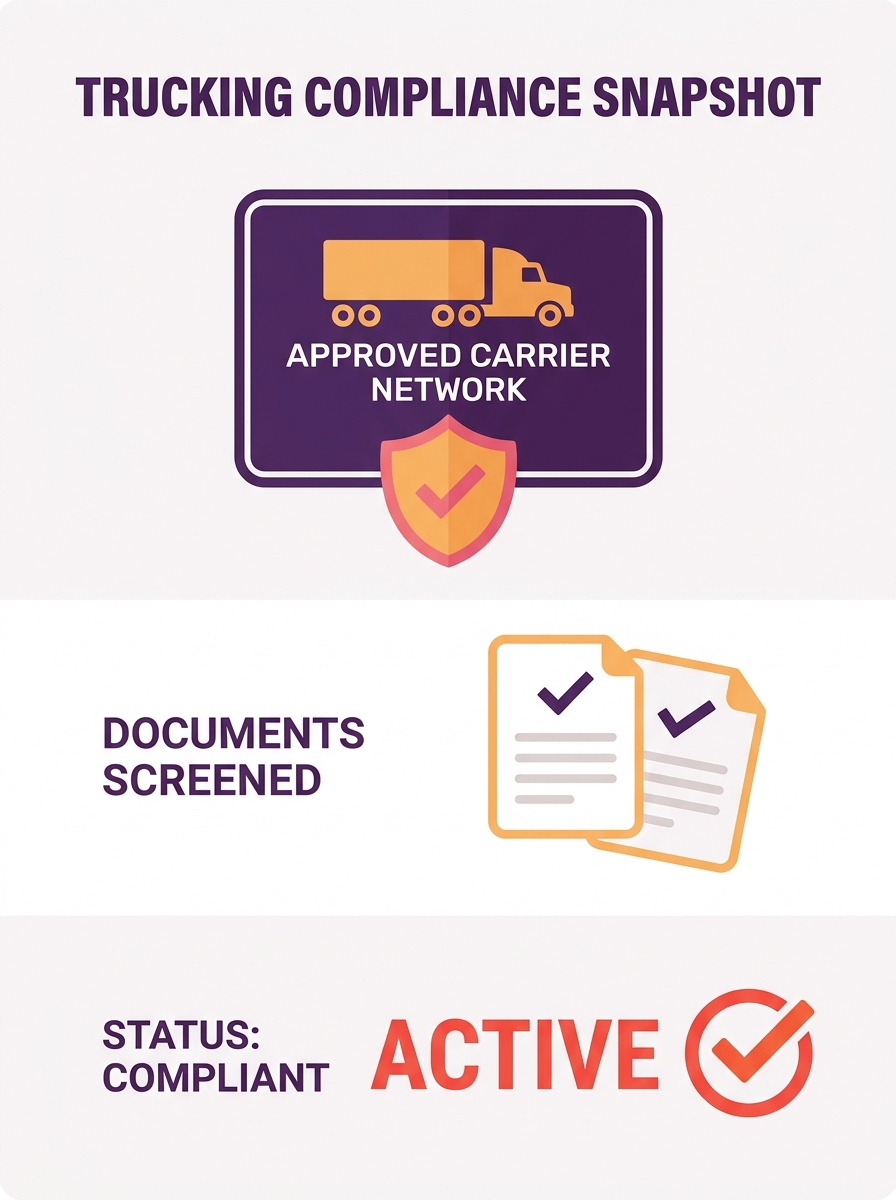 Trucking company sign with screening compliance documents in foreground