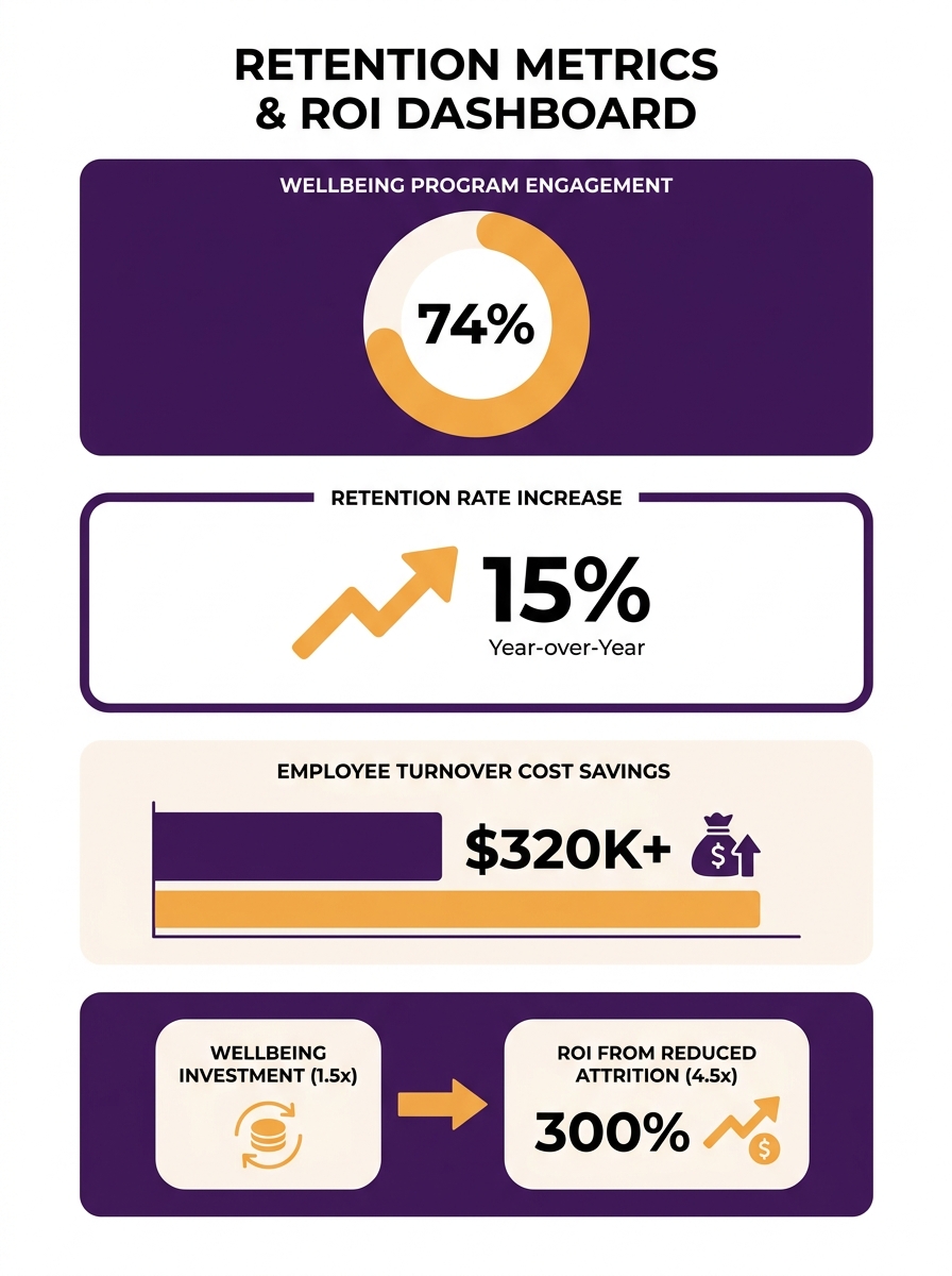 HR leader reviewing retention metrics dashboard showing employee wellbeing program ROI data