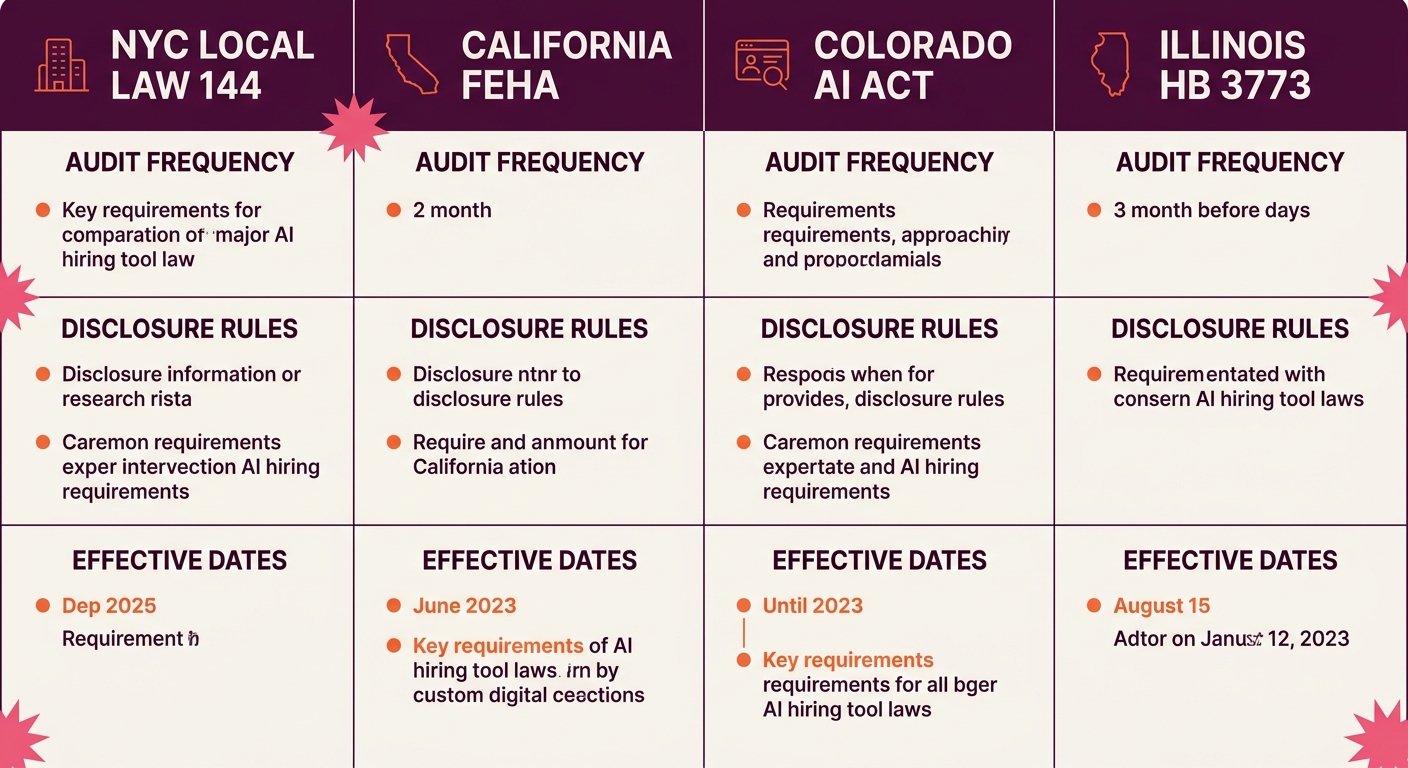a side-by-side comparison table rendered as a visual showing NYC Local Law 144, California FEHA, Colorado AI Act, and Illinois HB 3773 with their key requirements for AI hiring tools including audit f