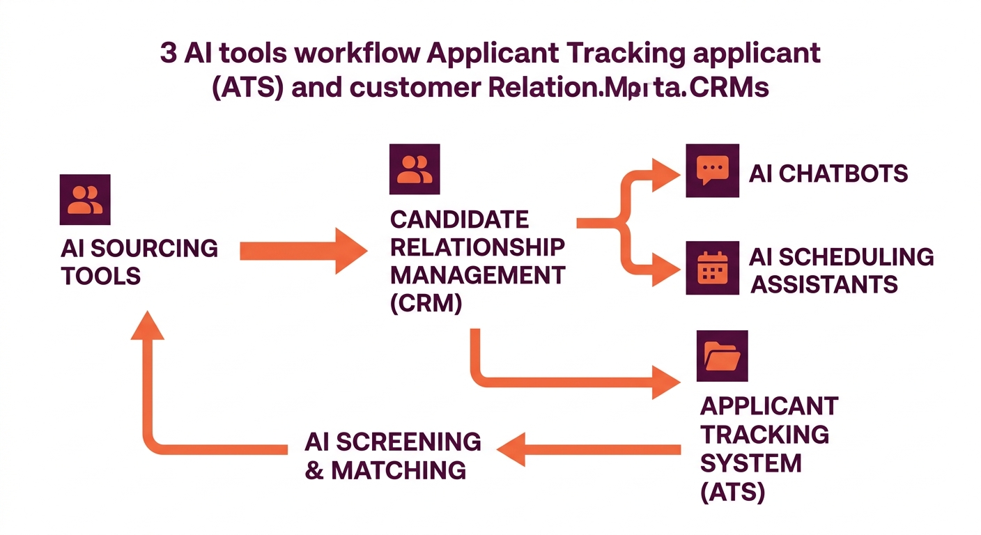 A workflow diagram showing how AI tools connect to ATS and CRM systems, with arrows illustrating data flow between sourcing tools, chatbots, scheduling assistants, and the core applicant tracking and