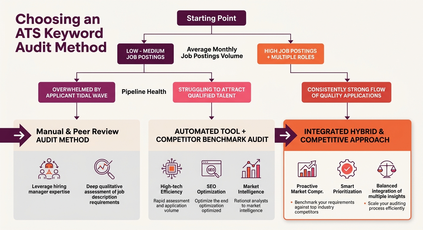 A flowchart showing a decision tree for choosing an ATS keyword audit method based on posting volume and pipeline health, with three branches leading to recommended combinations of manual, automated,