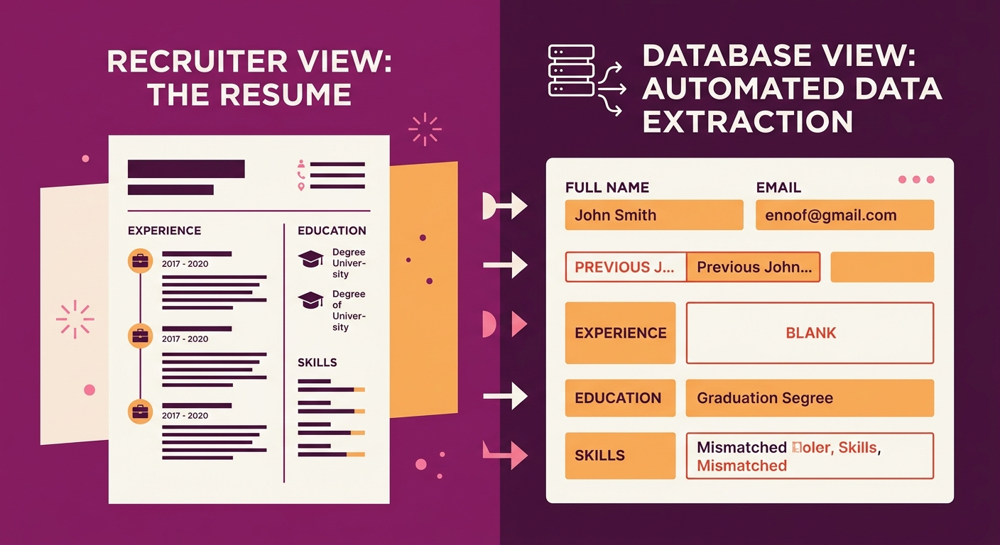 Side-by-side comparison showing a resume as a human reader sees it on the left, and on the right the same resume's data as extracted into database fields, with mismatched, truncated, and blank fields