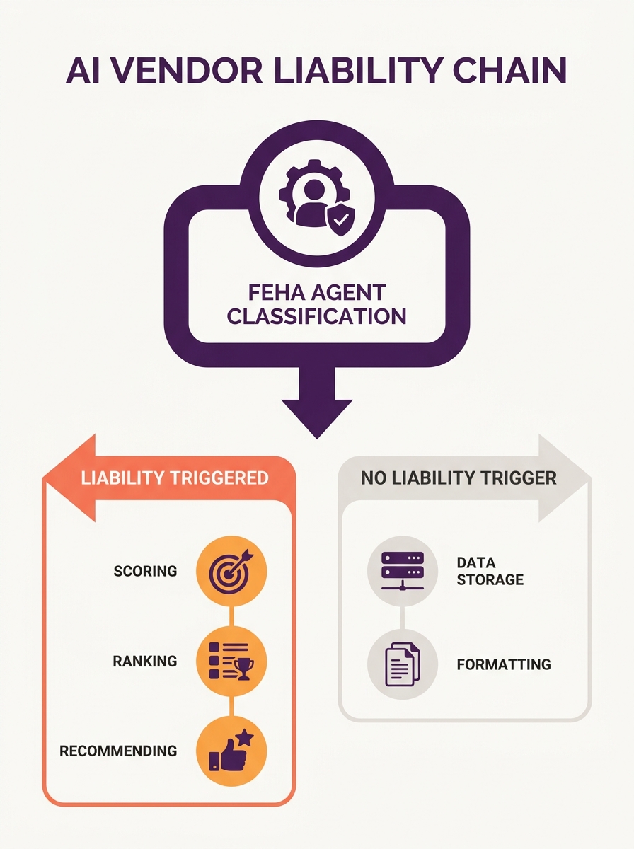 infographic showing the legal chain of liability from AI vendor to employer, with FEHA agent classification at the center, branching to show which vendor activities trigger liability (scoring, ranking