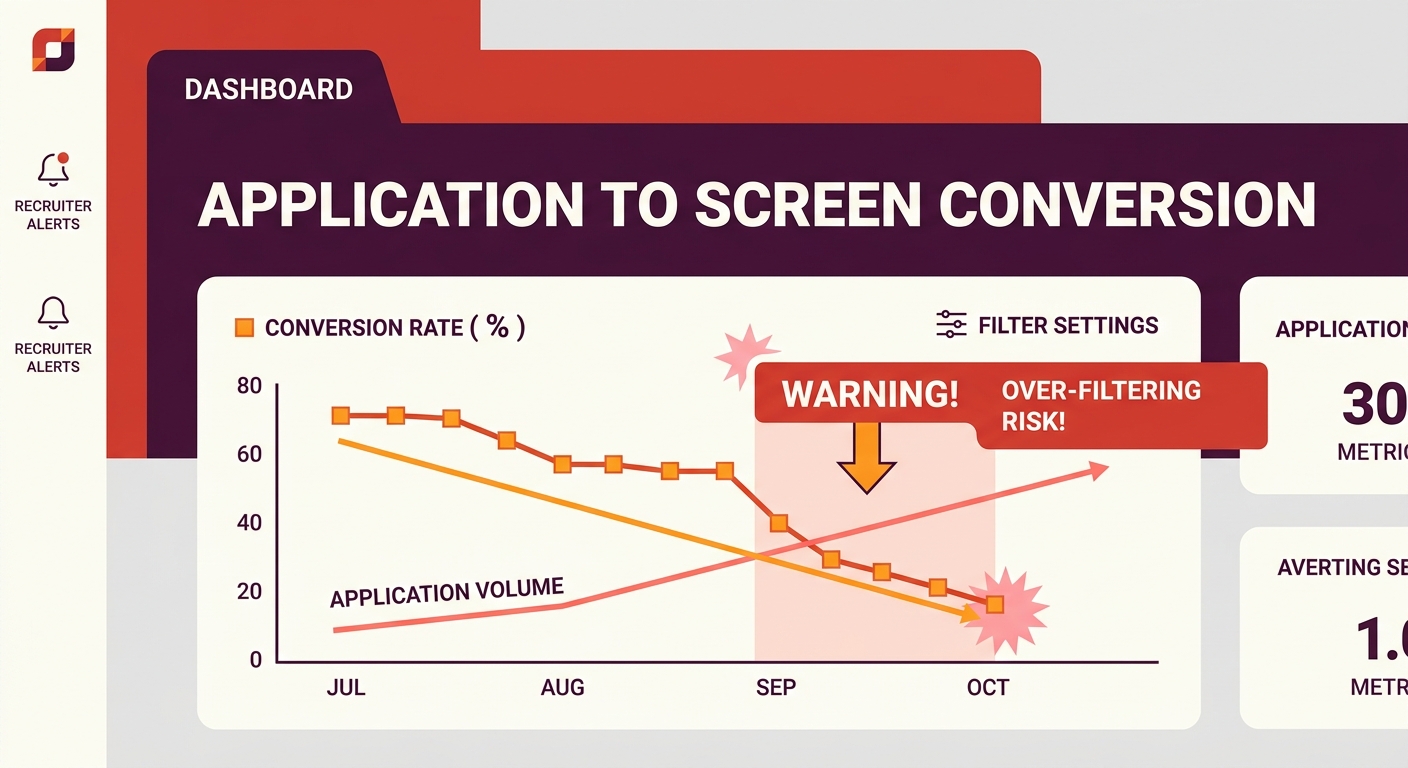 a recruiter's ATS dashboard screen showing a steep decline in application-to-screen conversion rate plotted alongside rising application volume over time, with highlighted warning zones where over-fil