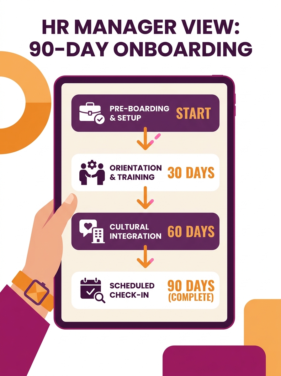 HR manager reviewing 90-day onboarding timeline on tablet showing pre-boarding, orientation, training, cultural integration, and scheduled check-in phases