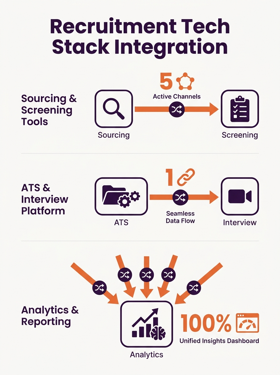 Dashboard view showing recruitment technology stack layers with integration connection points highlighted across ATS, sourcing, screening, interview, and analytics tools