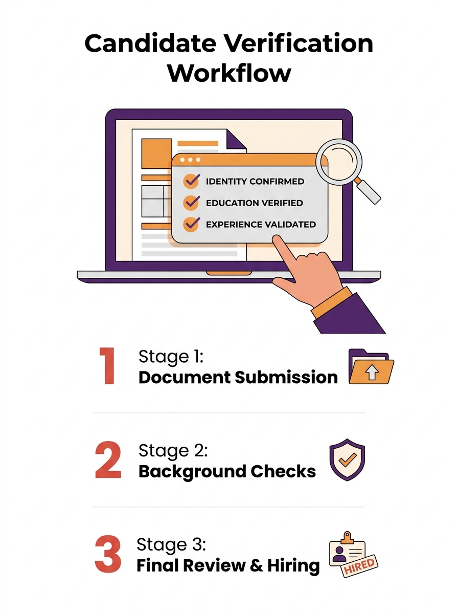 HR professional reviewing candidate documents on laptop screen with verification checklist overlay