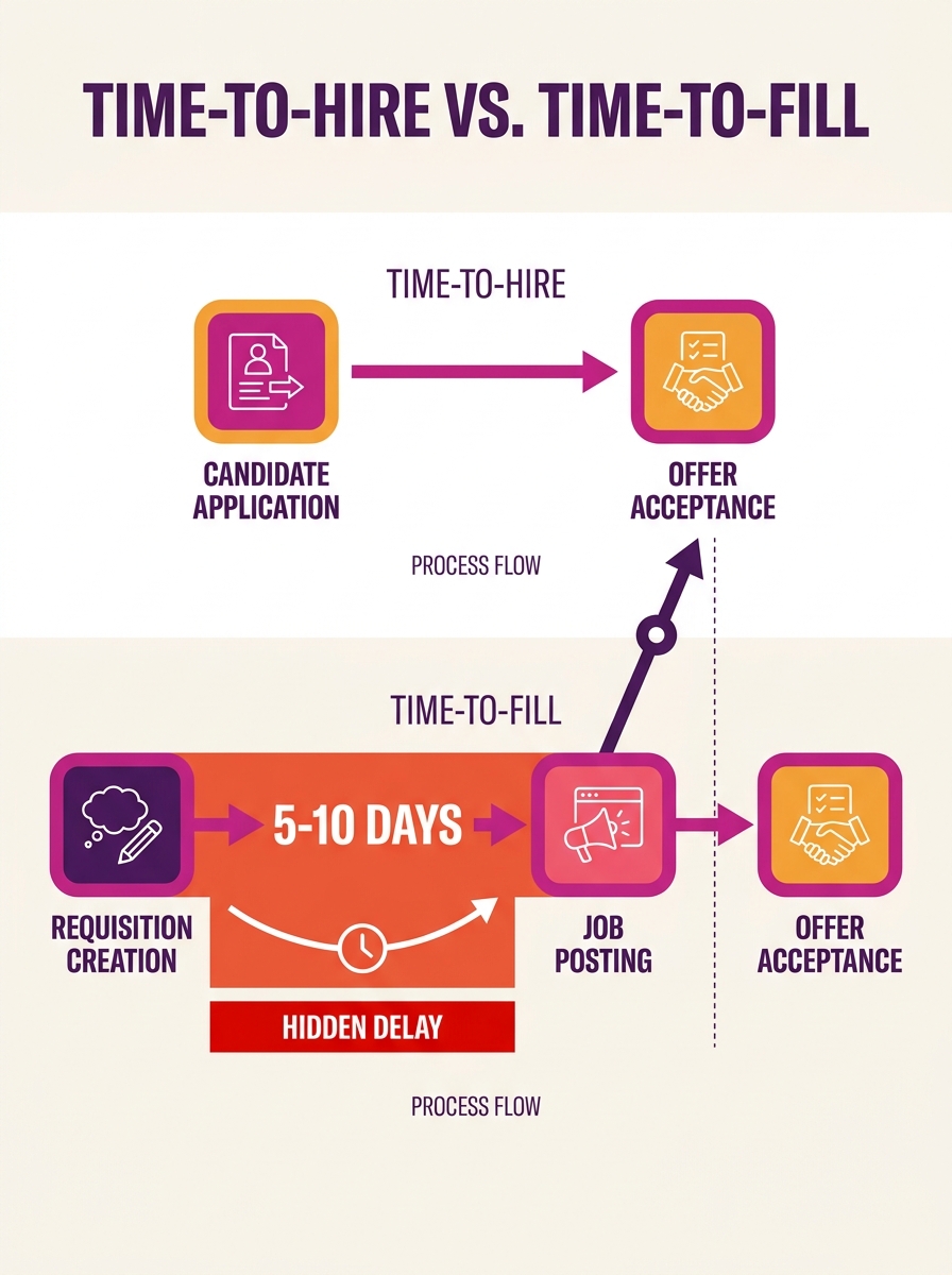 An infographic showing two parallel timelines. The top timeline shows "Time-to-Hire" starting at candidate application and ending at offer acceptance. The bottom timeline shows "Time-to-Fill" starting