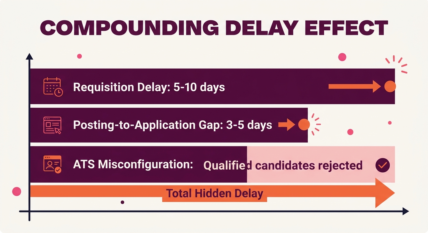 A diagram showing the compounding delay effect with three stacked horizontal bars. The top bar represents "Requisition Delay: 5-10 days." The middle bar represents "Posting-to-Application Gap: 3-5 day