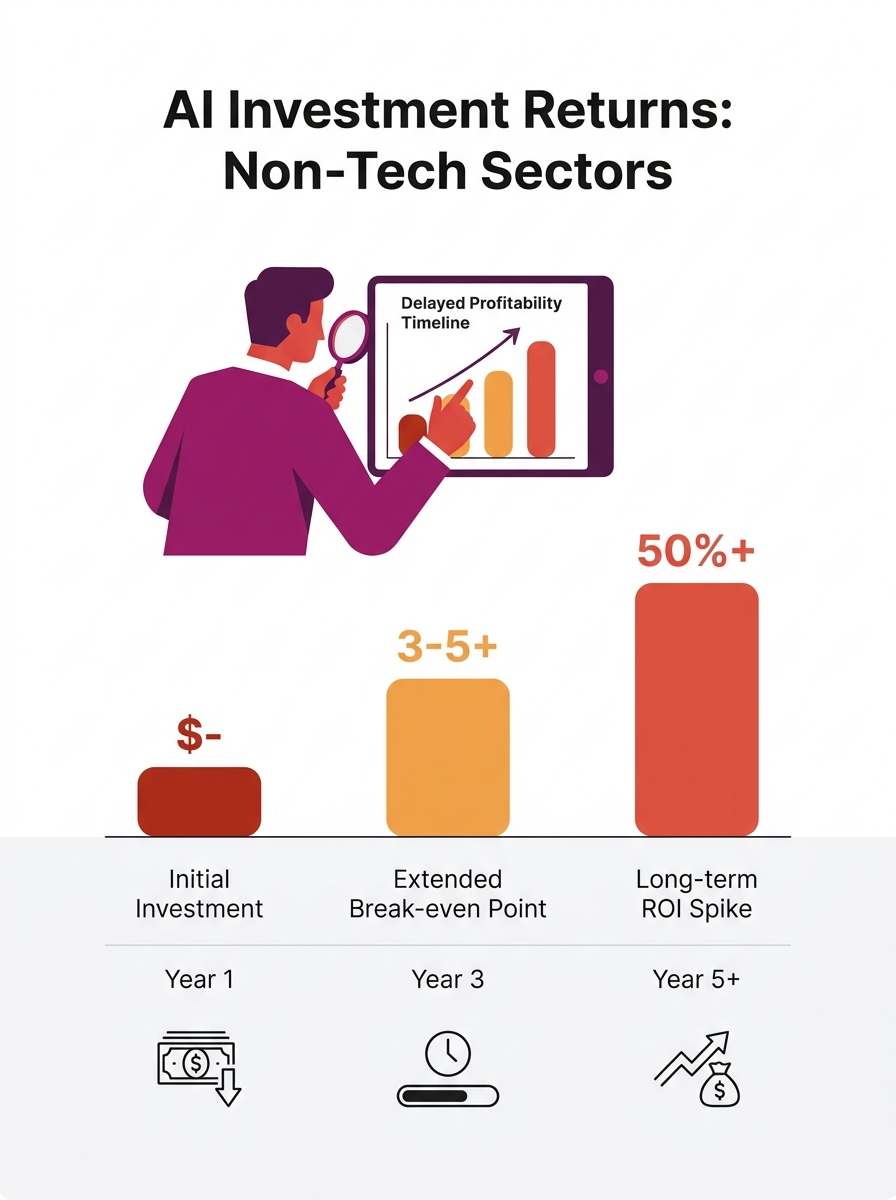 Business economist reviewing AI investment returns chart showing delayed profitability across non-tech sectors